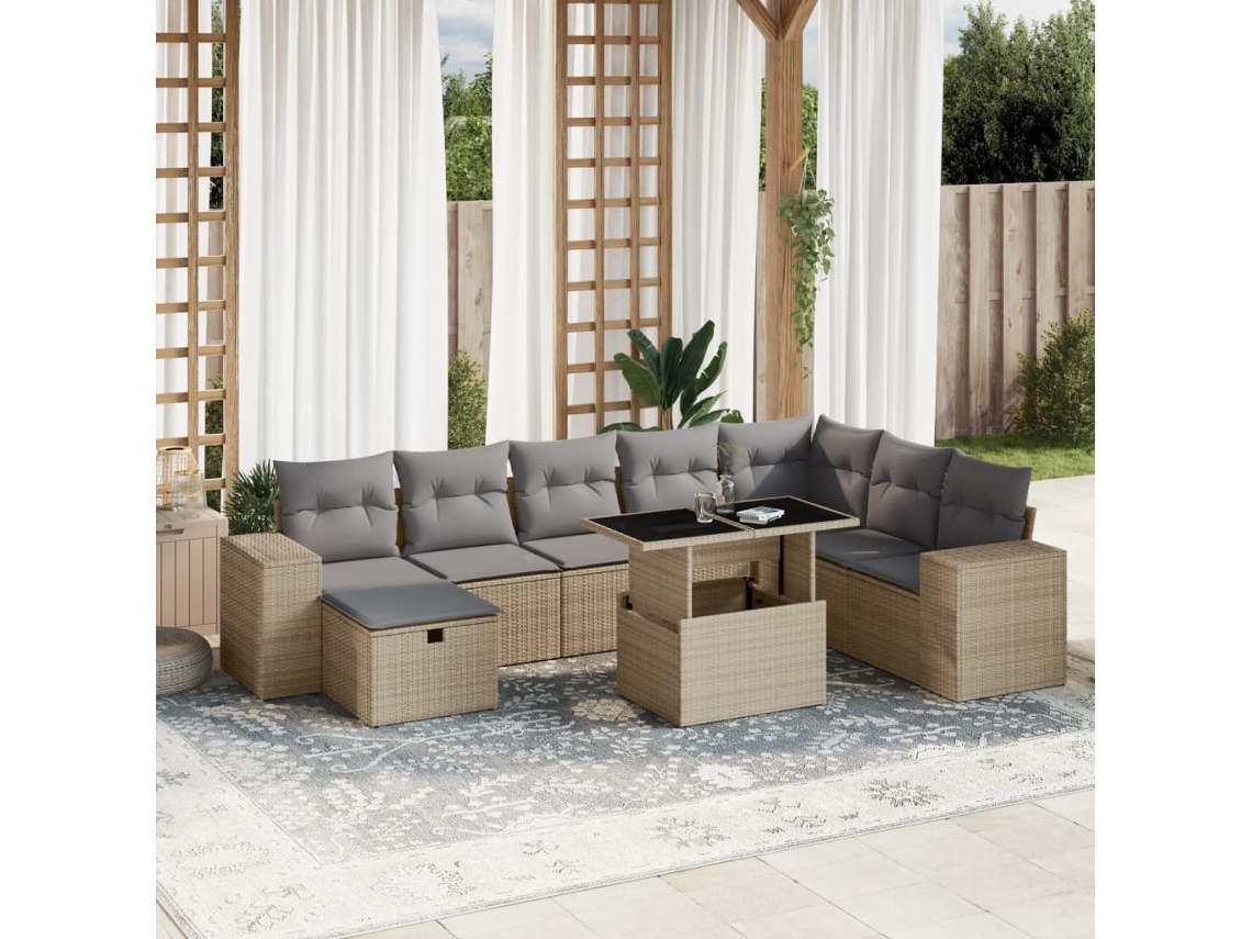 Vidaxl 9 Pcs Conjunto De Sofás P/ Jardim Com Almofadões Vime Pe Bege