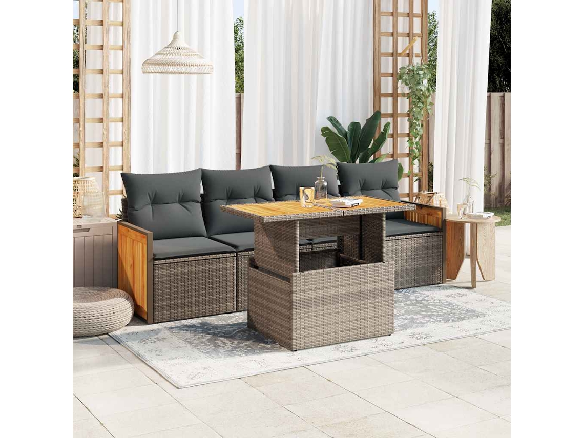 Vidaxl 5 Pcs Conjunto Sofás De Jardim C/ Almofadões Acácia E Vime Pe