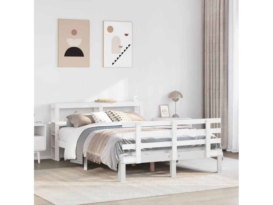 Vidaxl Estrutura De Cama C/ Cabeceira 150x200 Cm Pinho Maciço Branco