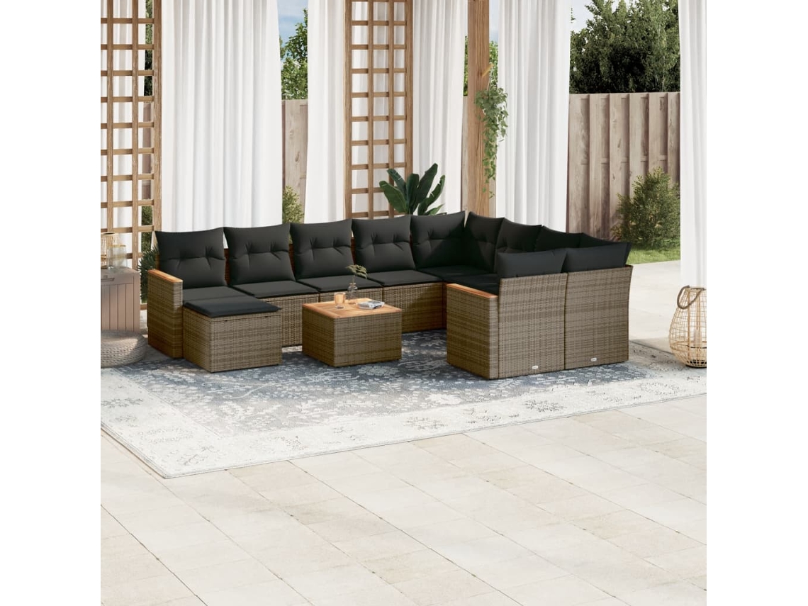 Vidaxl 11 Pcs Conjunto Sofás De Jardim C/ Almofadões Vime Pe Cinzento