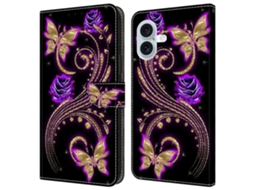 Capa Em Couro Pu Com Suporte Para Apple Iphone 16 - Flores/borboletas Roxas