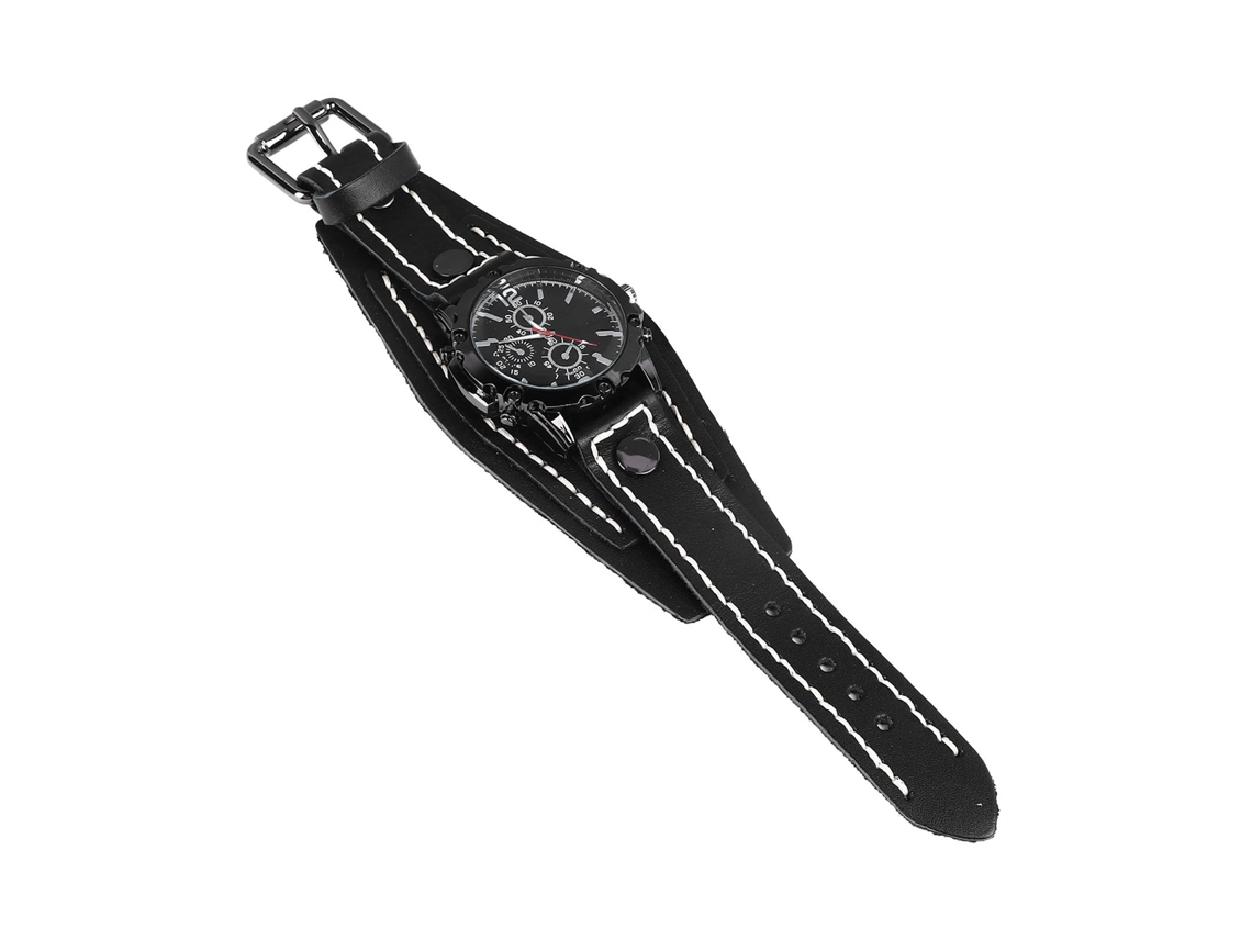 Relógio de pulso vintage punk, em couro PU e aço inoxidável, para homens e estudantes, preto.