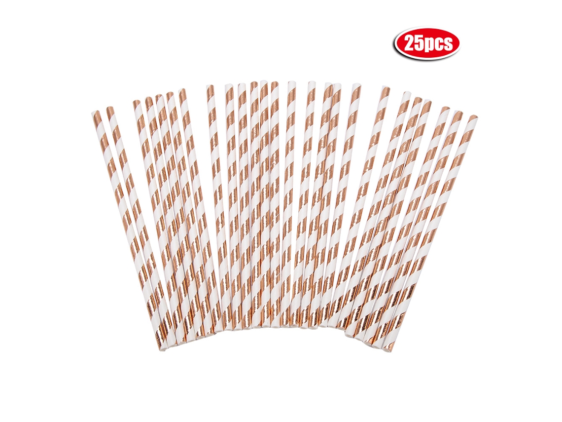 Copos E Canudos De Papel Descartáveis ​​listrados Em Ouro Rosa Para Decoração De Festa De Aniversário Aquaforge