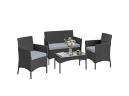 Conjunto de Jardim 4 lugares Resina Trançada cinza com sofás, mesa de centro com tampo de vidro e almofadas | S/MARCA