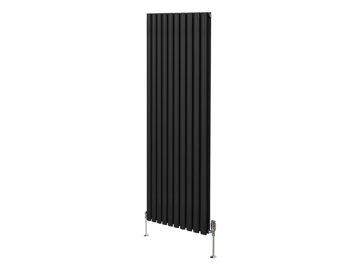 Radiador Vertical Oval Em Aço Carbono Preto 1800x600mm Com Potência 8026 Btu E Válvulas Termostáticas Cromadas