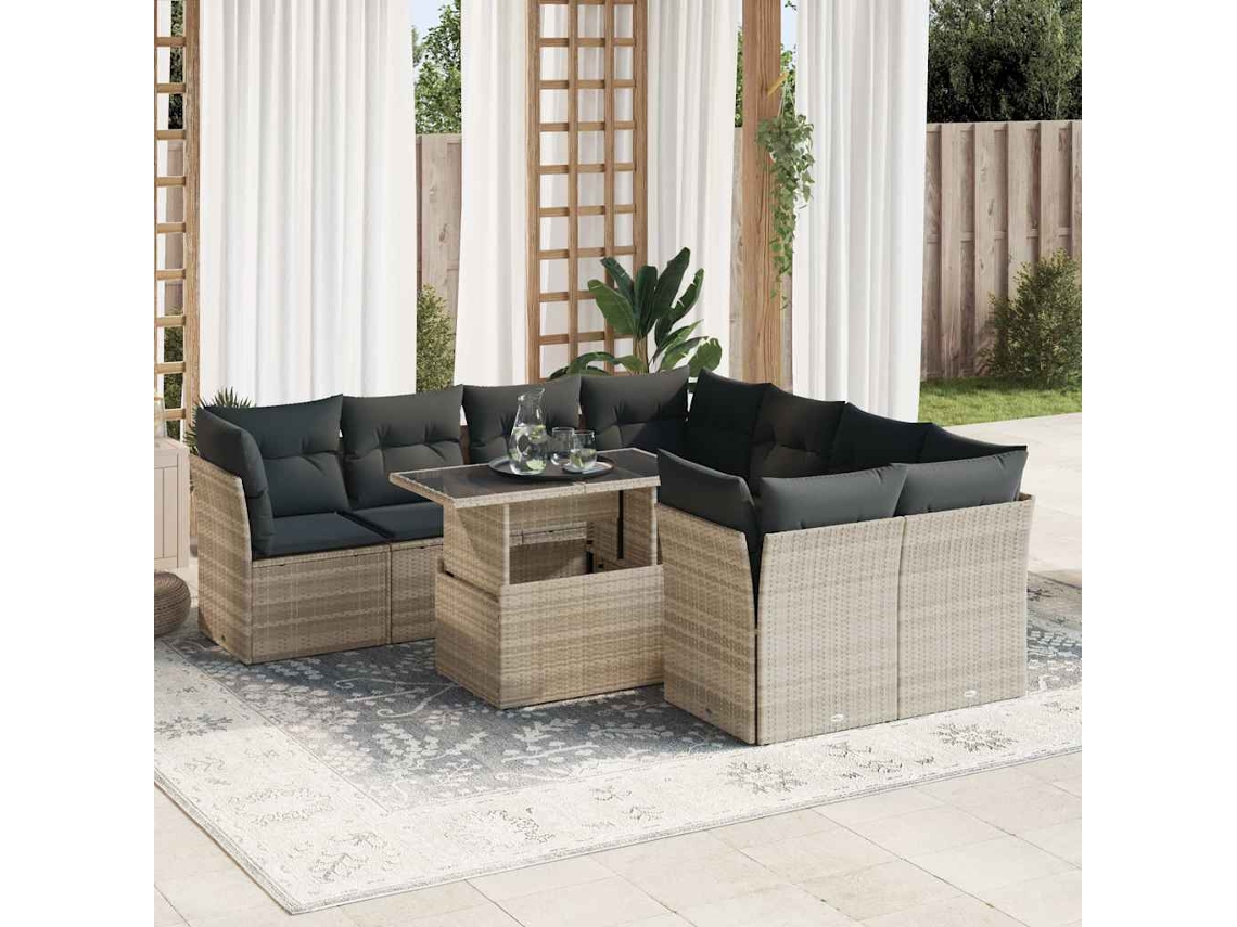 Vidaxl 9 Pcs Conj. Sofás Jardim Com Almofadões Vime Pe Cinzento-claro