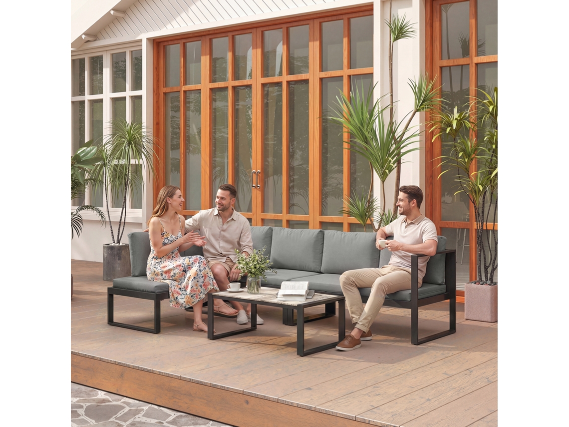 Sofá De Jardim Exterior Canto Para 5 Pessoas Com 2 Sofás, Cadeira Sem Apoios Braços, Mesa Café, Cinza Escuro