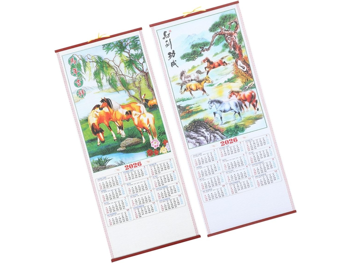 Conjunto De 2 Calendários De Parede Chineses Em Rattan Sintético Ano Do Cavalo 2026 Calendário Tradicional Para Pend Gokoco