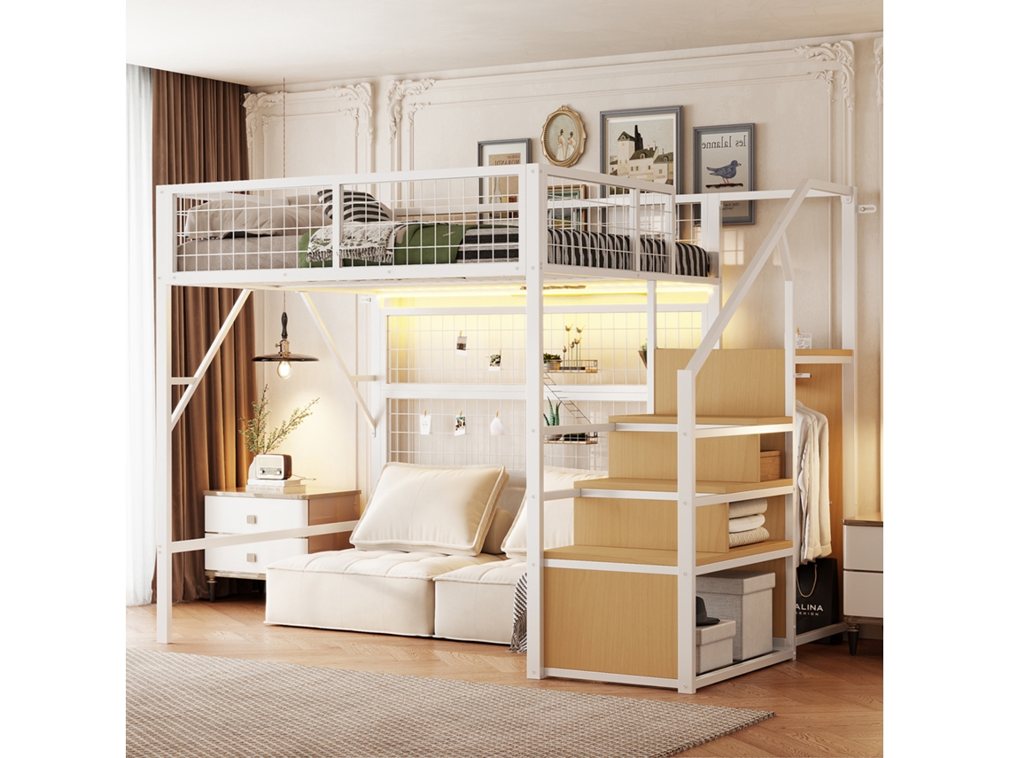 Cama Alta Metal Led App 140x200 Com Escada Armário Branca Jovens