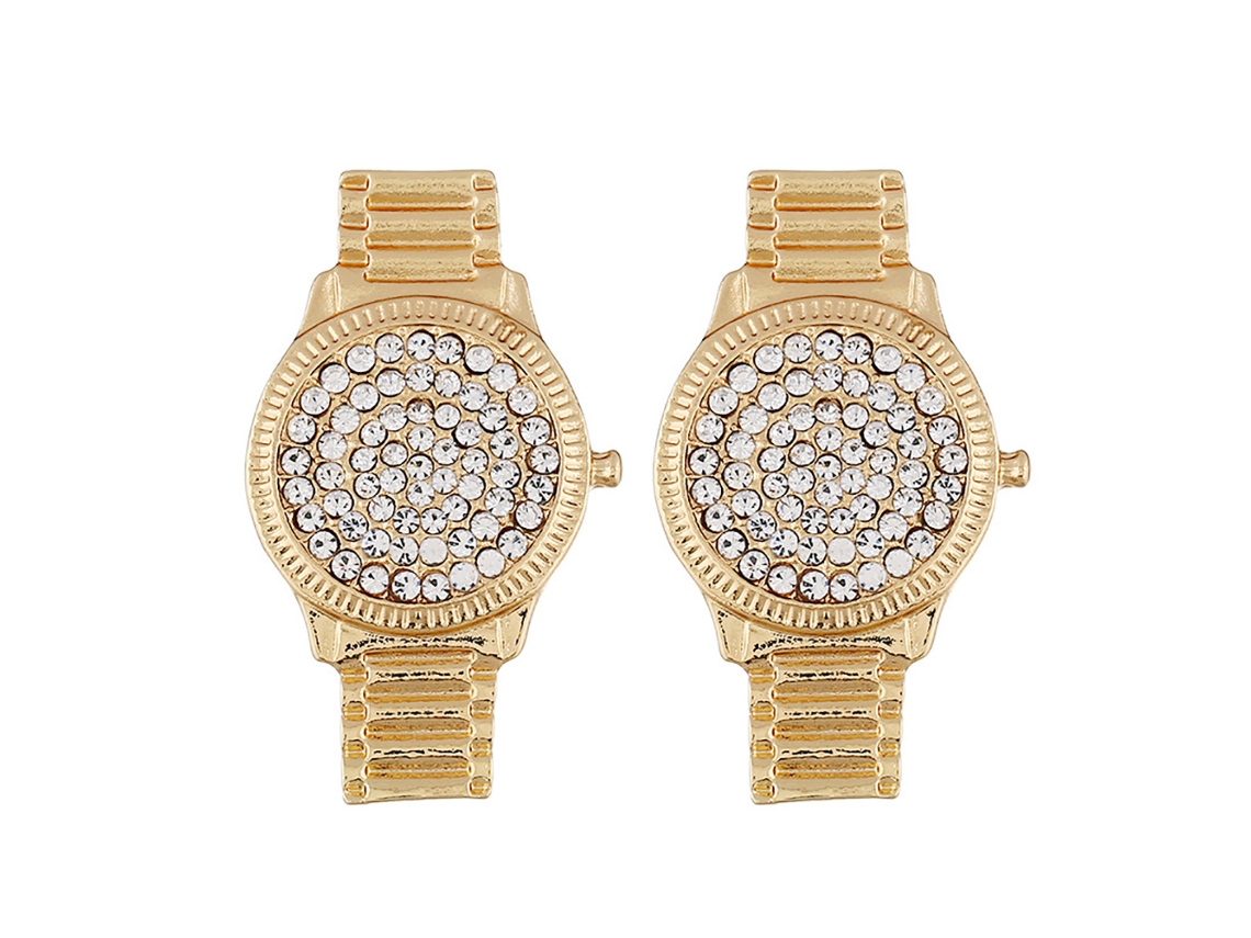 Brincos De Ouro Com Strass Forma De Relógio Estilosos