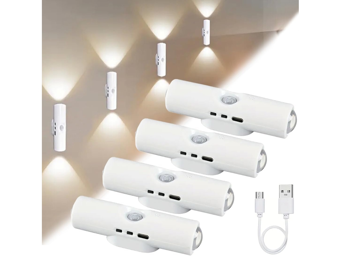 Luz Noturna Led Recarregável Via Usb para Escadas, Corredor e Banheiro, Pacote com 4 Unidades BRILVIBERA