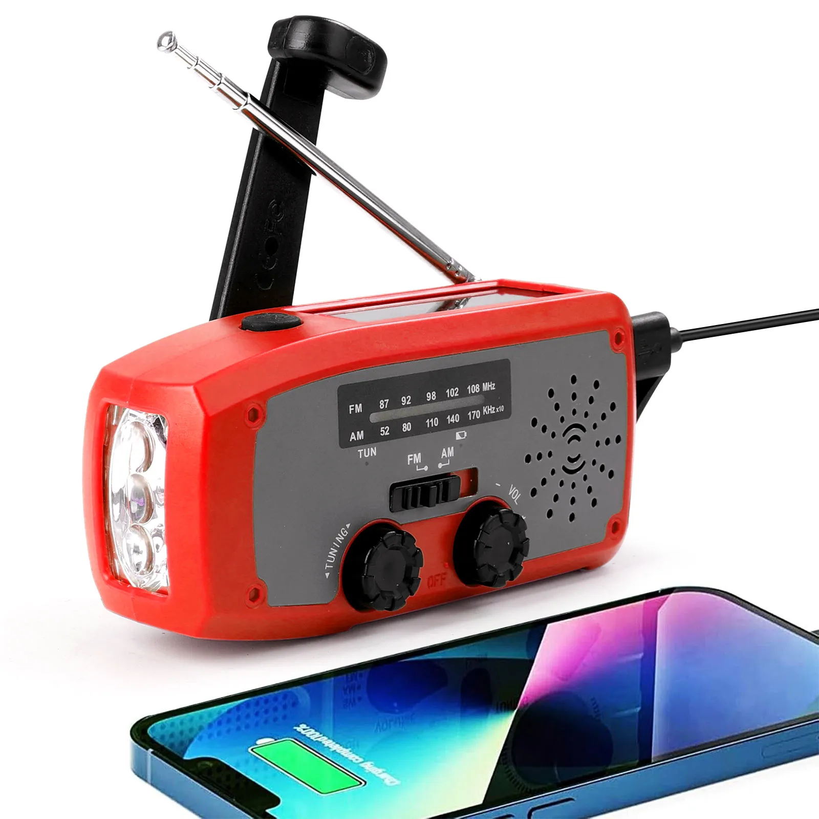 Rádio de Manivela Solar Fm/am/wb, Função Sos, Vermelho AQUAFORGE
