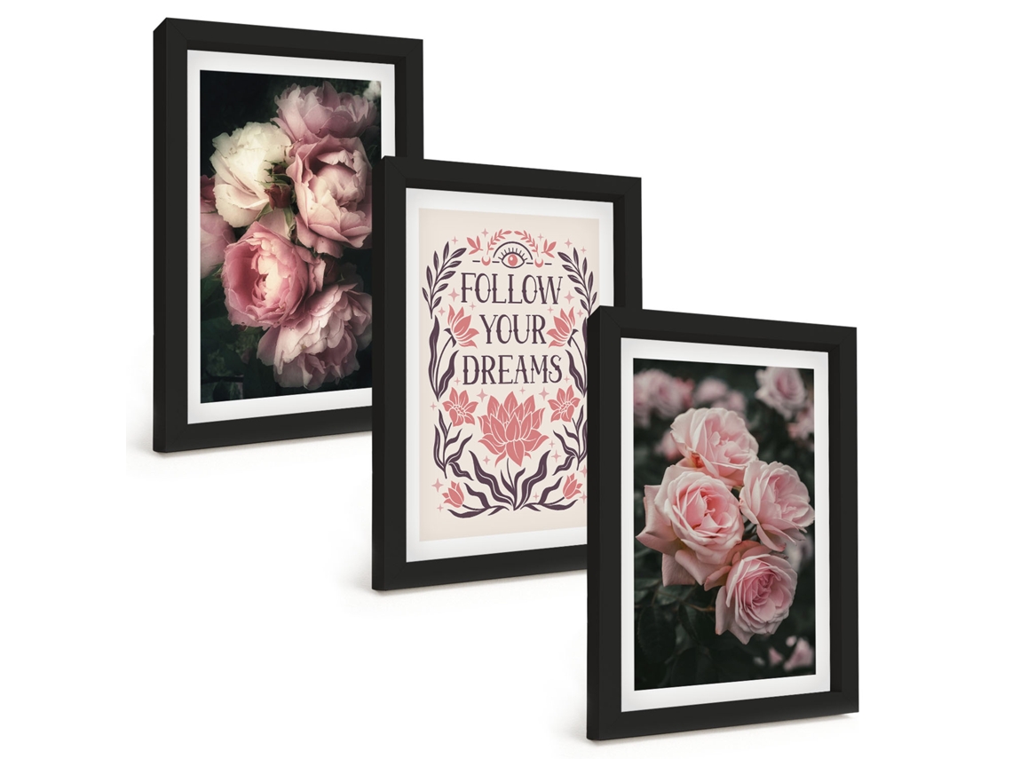 Galeria De Pinturas Murais Inscrição Sonhos De Rosas Vintage Moldura Preta Fotos Para O Escritório Espelharte (3 Peças 20x30 Cm)