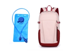Mochila (rosa com reservatório de água) para atividades gratuitas, simples e práticas.
