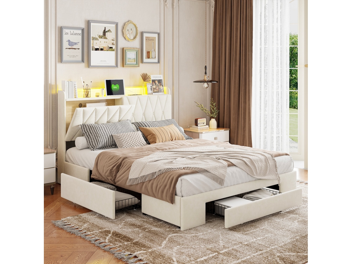 Cama com Arrumação 160x200 Cm em Veludo Bege com Estrado e Gaveta, Cabeceira Estofada com Led, Usb e Type c, Cama de Casal para 2 Pessoas SIMURQ