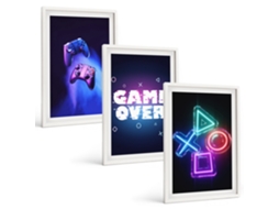 Pinturas Murais Modernas Game Over, Controles De Jogo Moldura Branca Quadros Para A Sala De Estar Espelharte (3 Piezas De 40x60 Cm)