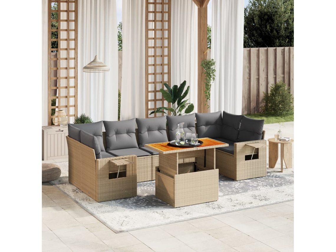 Vidaxl 8 Pcs Conjunto De Sofás P/ Jardim Com Almofadões Vime Pe Bege