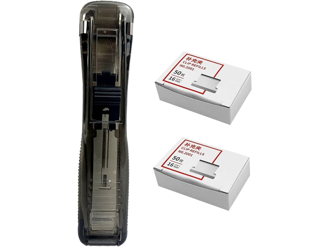 Grampeador portátil Kichouse com 100 clipes de papel, tamanho grande para documentos, dispensador compacto para mesa.
