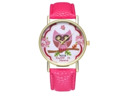 Relógio de pulso de quartzo com pulseira de PU e estampa de desenho animado (vermelho e rosa)