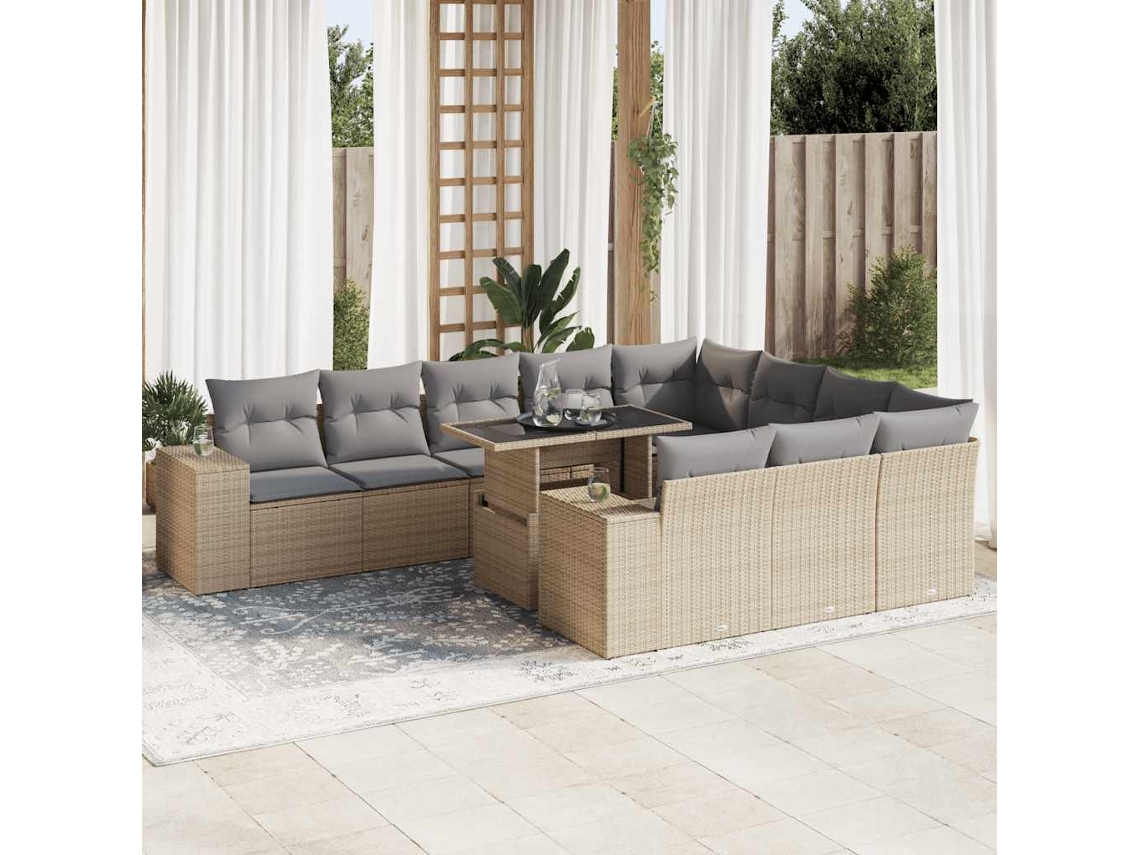 Vidaxl 11 Pcs Conjunto Sofás De Jardim C/ Almofadões Vime Pe Bege