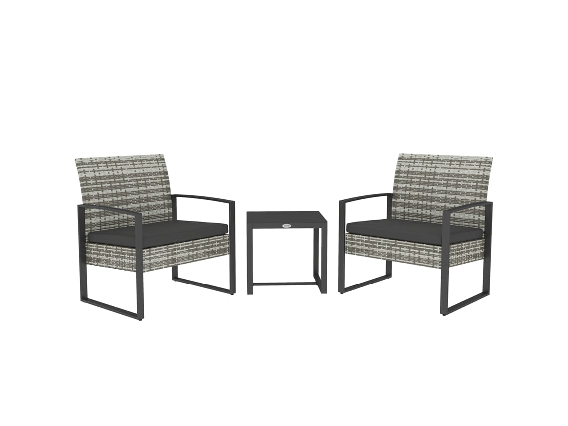 Conjunto Jardim 3 Peças Duas Cadeiras Almofadas Mesa Vidro Vime Cinza Claro QINGYU TECH