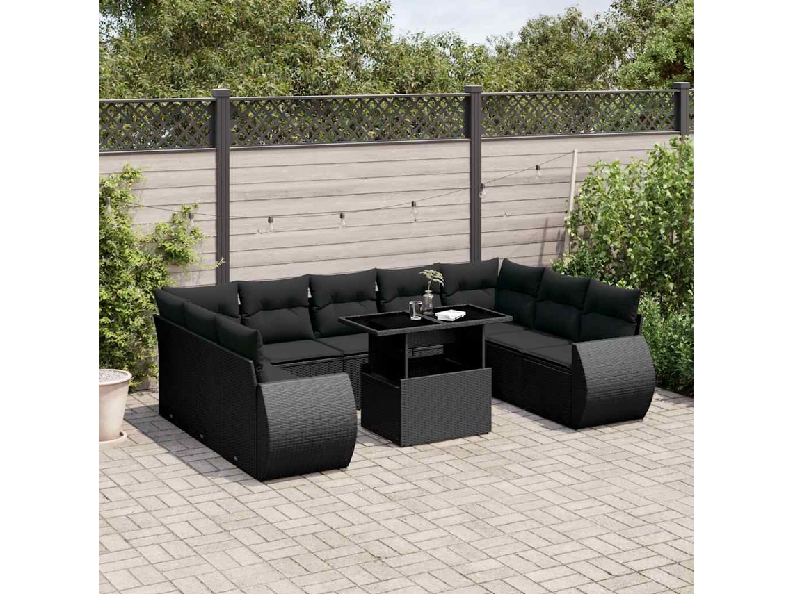 Vidaxl 10 Pcs Conjunto Sofás De Jardim C/ Almofadões Vime Pe Preto