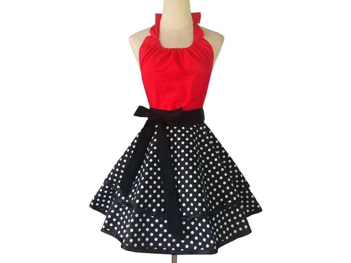 2026 delantal Vintage Sexy para Mujer com Bolso Vermelho Bonito e Retro de Algodão