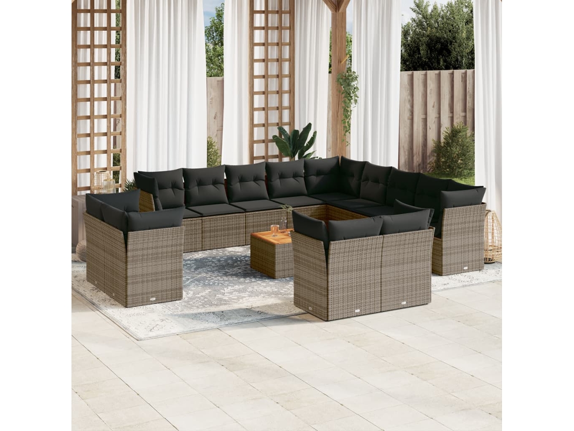 Vidaxl 14 Pcs Conjunto Sofás P/ Jardim C/ Almofadões Vime Pe Cinzento