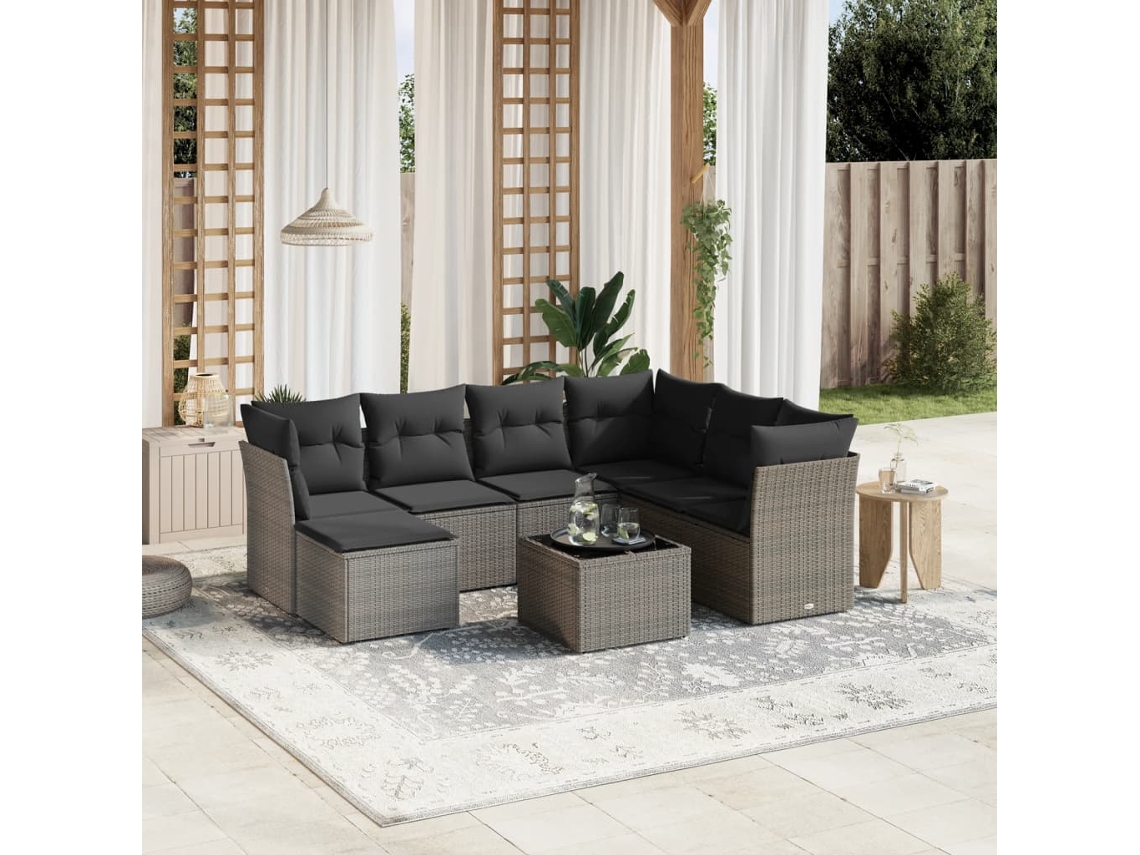 Vidaxl 8 Pcs Conjunto Sofás De Jardim C/ Almofadões Vime Pe Cinzento
