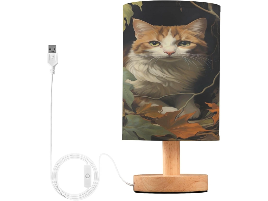 Abajur De Cabeceira Led Em Formato Gato, Perfeito Para Quarto, Leitura Com Cúpula De Tecido, Base De Madeira E Porta Usb