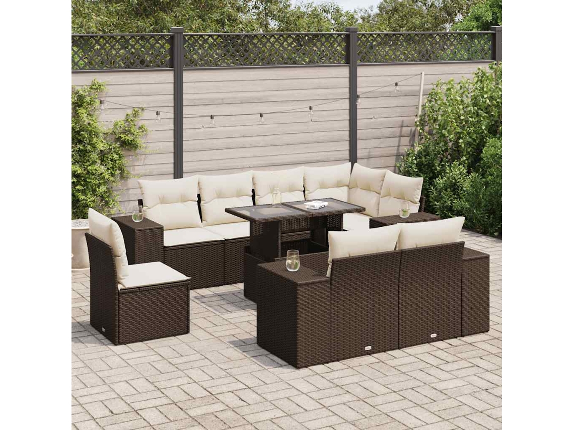 Vidaxl 9 Pcs Conjunto Sofás P/ Jardim C/ Almofadões Vime Pe Castanho