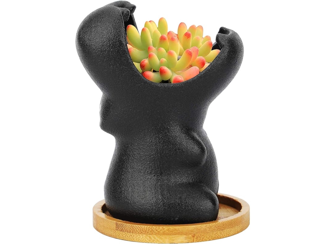 Vaso De Cerâmica Preto Mini 12.8x9.5cm Forma De Hipopótamo Para Suculentas Aloe Vera Com Base De Bambu
