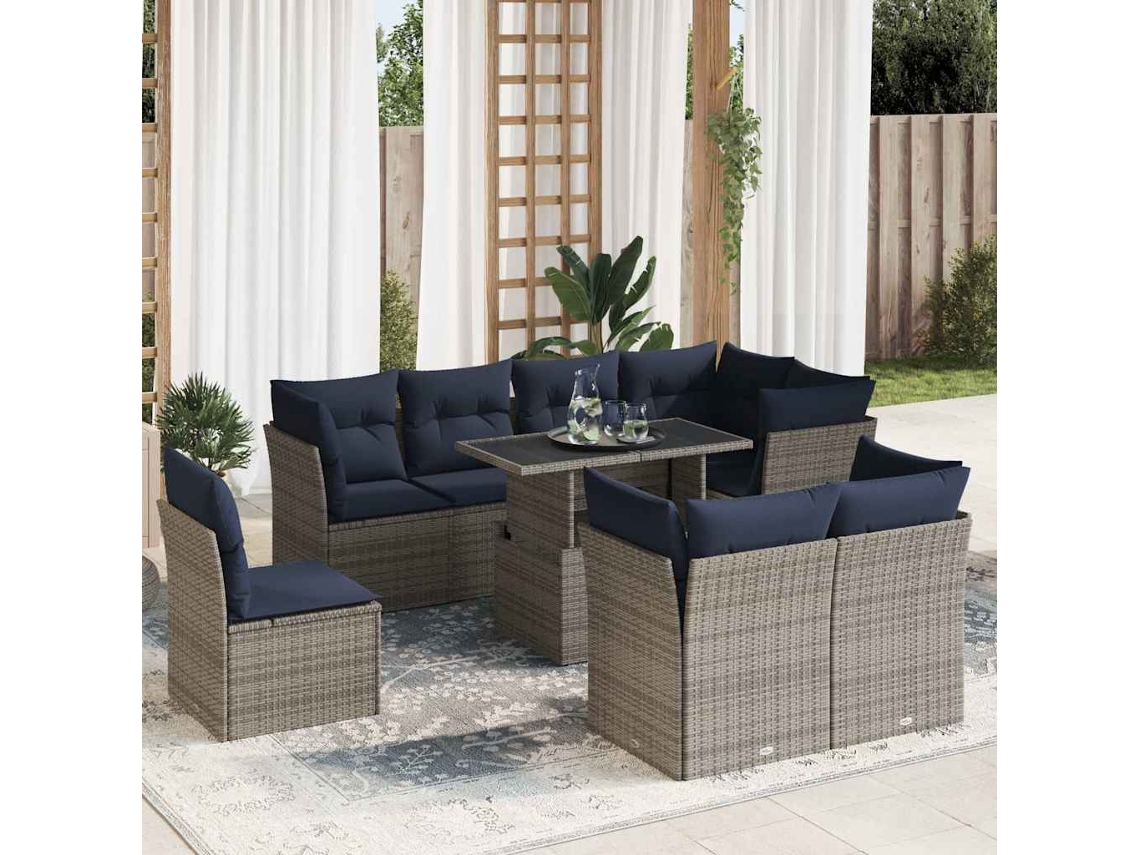 Vidaxl 9 Pcs Conjunto Sofás Jardim Almofadões Vime Pe/acácia Cinzento