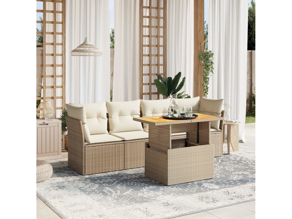 Vidaxl 5 Pcs Conjunto De Sofás P/ Jardim Com Almofadões Vime Pe Bege
