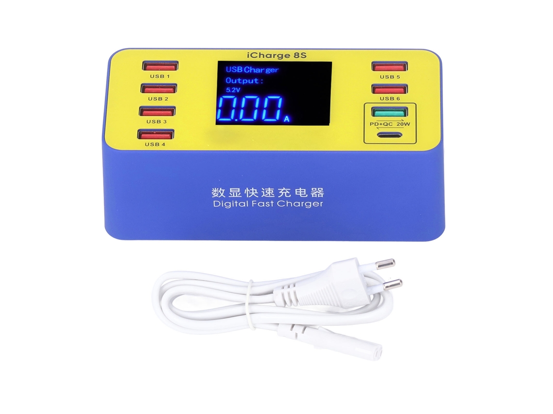 Carregador Digital Multifuncional 8 Portas Usb Qc3.0 Pd Fast Charger Com Display Lcd