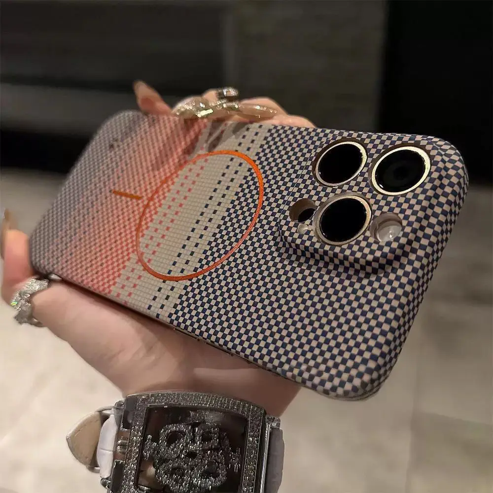 (e, Iphone 15 Plus) Capa De Luxo Ultrafina Com Textura De Kevlar E Cobertura Parcial, Compatível Com Carregamento Sem Fio Magnético.