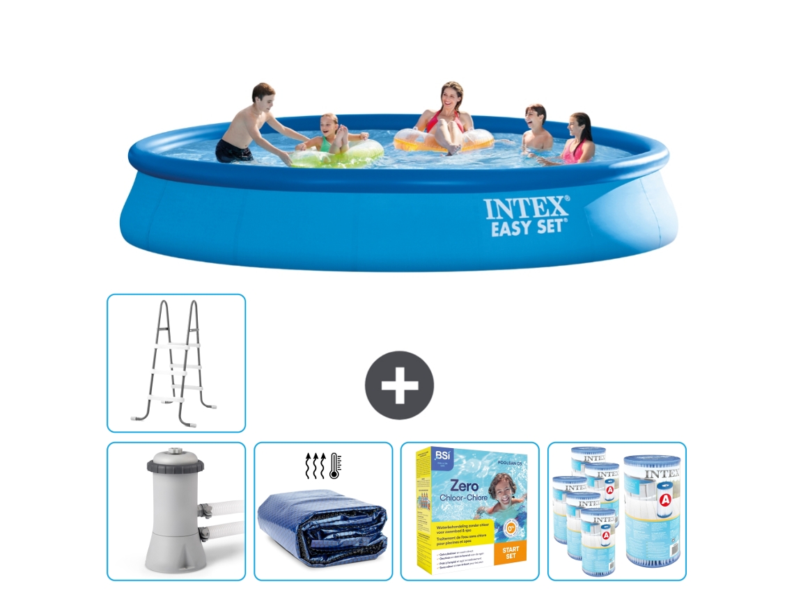 Piscina Inflável Redonda INTEX Easy Set 457 X 84 Cm Azul Inclui Bomba Vela Solar Pacote de Manutenção Filtros Escada
