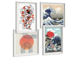 Composição De Quadros Arte Japonesa Motivos Ondas Espelharte (4 Peças)