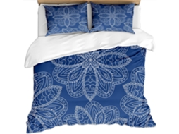 Capa de Edredom Estampa Mandala Azul e Branca em Microfibra Fronha 220x240 Cm (LxA)