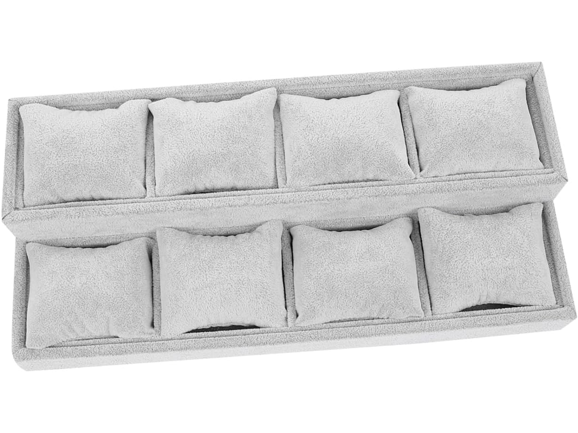 Bandeja Para Joias Em Veludo Fosco, Dupla Camada, Formato Trapezoidal, Cor Cinza Gelo.