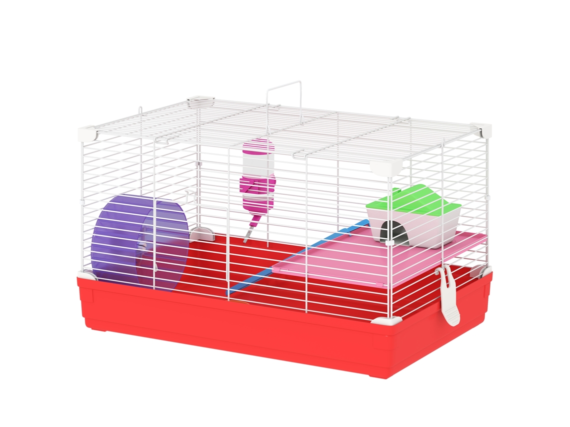 Gaiola Para Hamster Com Comedouro Bebedouro Rampa Ropa De Exercício Para Pequenos Animais 47x30x27cm Branco E Vermelho