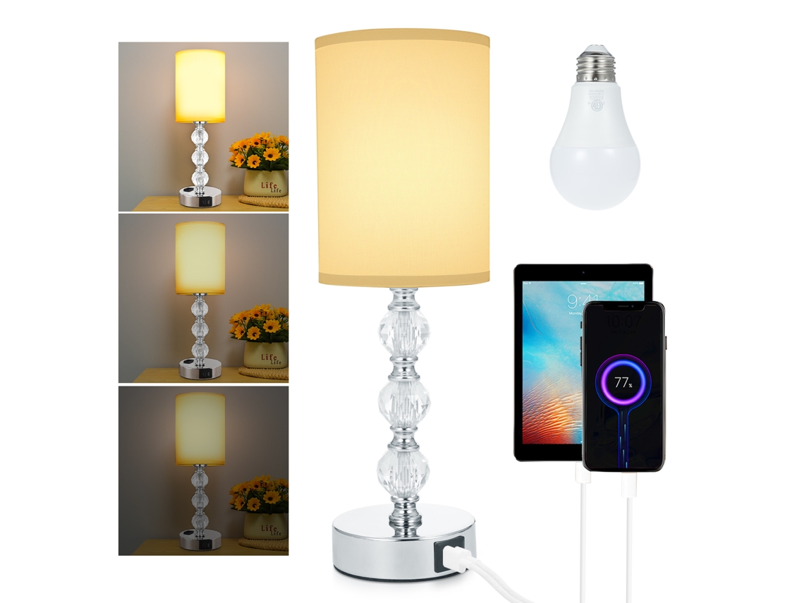 2026 lámpara de Mesa de Noche de Cristal Con Lámpada Led Luz Cálida, Control Táctil 3 Niveles, Puertos Usb a Y C