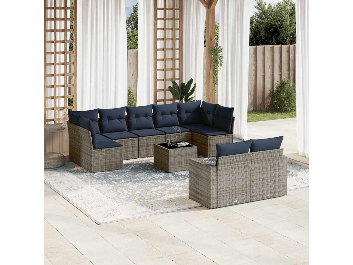 Vidaxl 10 Pcs Conjunto Sofás P/ Jardim C/ Almofadões Vime Pe Cinzento