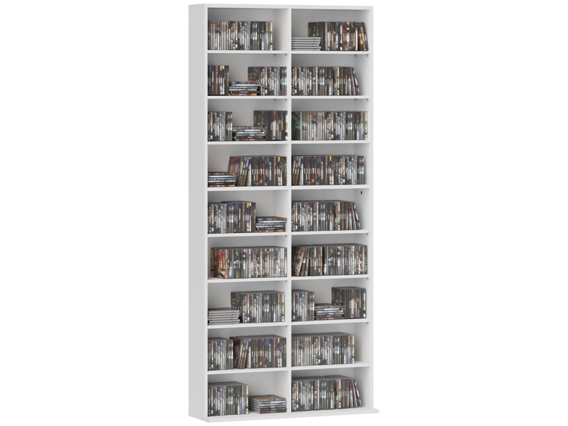 Prateleira De Cds Com 14 Prateleiras Ajustáveis, Capacidade Para 640 Cds/360 Dvds, 78,5x24x175 Cm, Branco