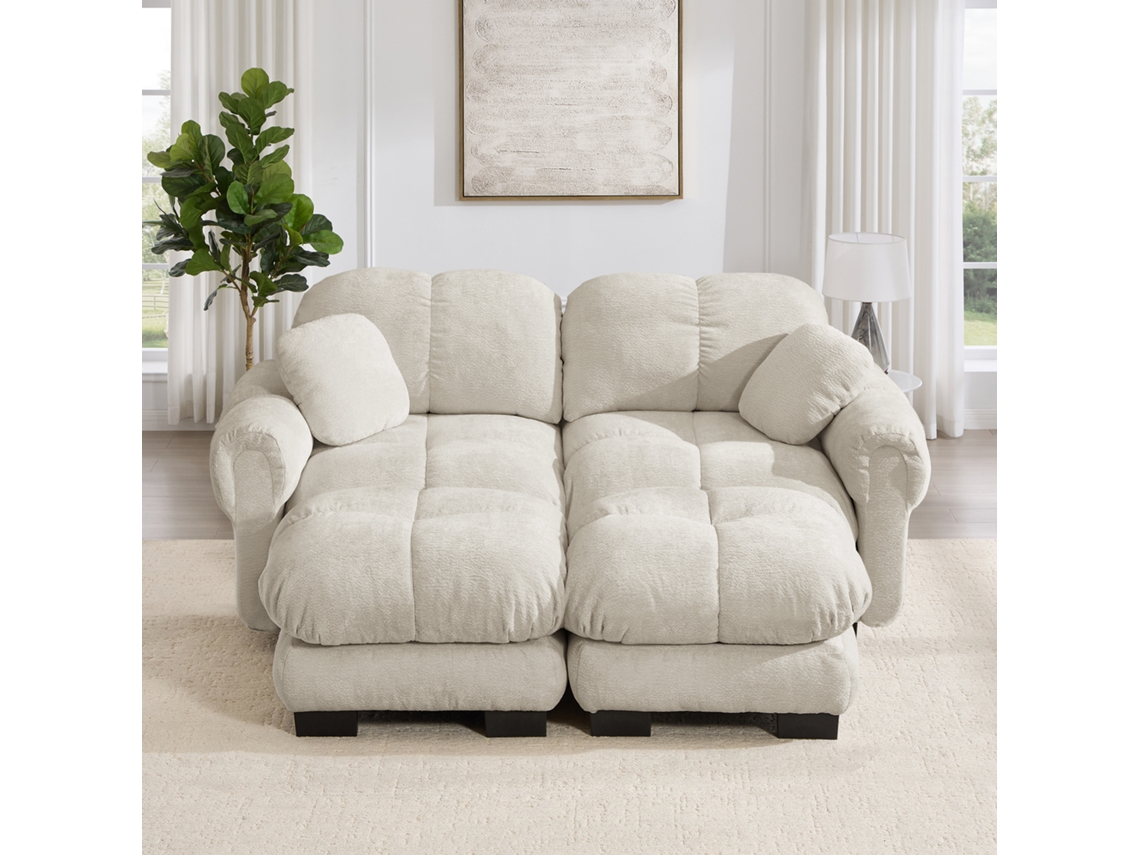 Sofá Chenille 2 Lugares Modular U, Acolchoado Fino, Pufe Móvel, Cáqui Claro