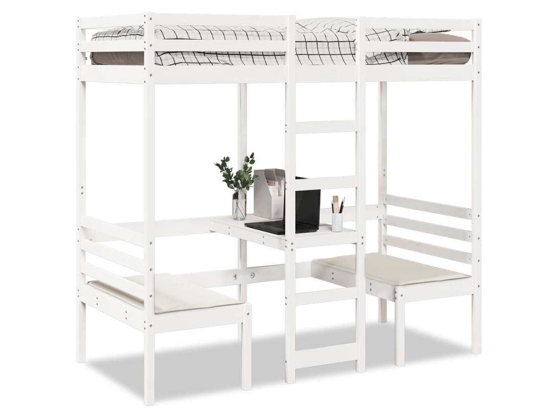 Vidaxl Cama Alta C/ Secretária/cadeiras 80x200 Cm Pinho Maciço Branco