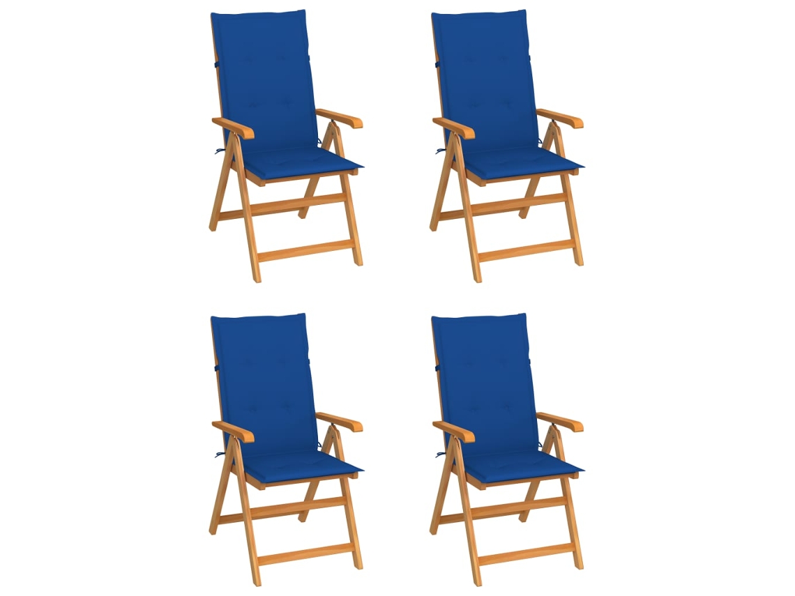 Vidaxl Conjunto De 4 Cadeiras Dobráveis Em Madeira Maciça De Teca Com Almofadas Azul-royal.