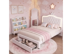 Cama Estofada De 140 X 200 Cm Com Luzes Led E Gavetas, Cama De Casal, Cama De Criança Em Forma De Coroa, Pu, ​​sem Colchão