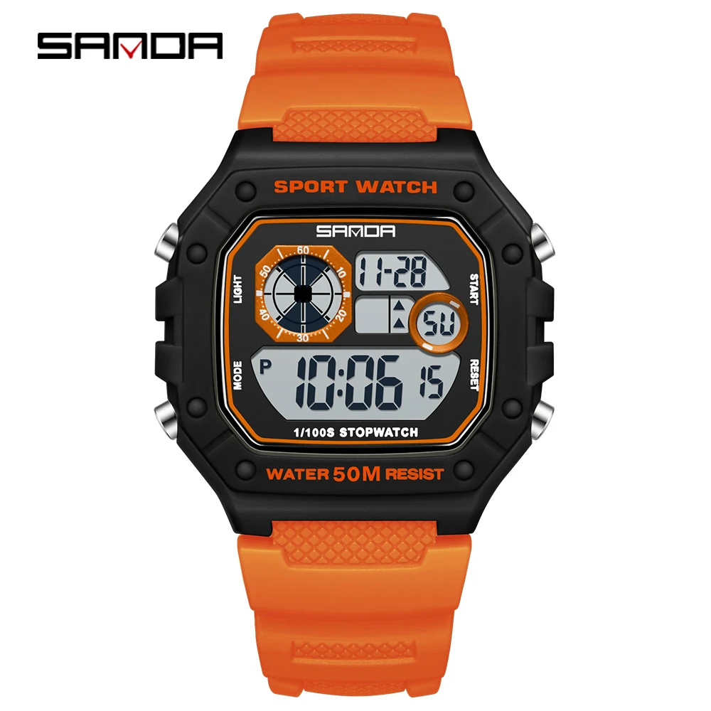 (laranja) Relógio eletrônico masculino elegante, multifuncional, à prova d'água, com LED.