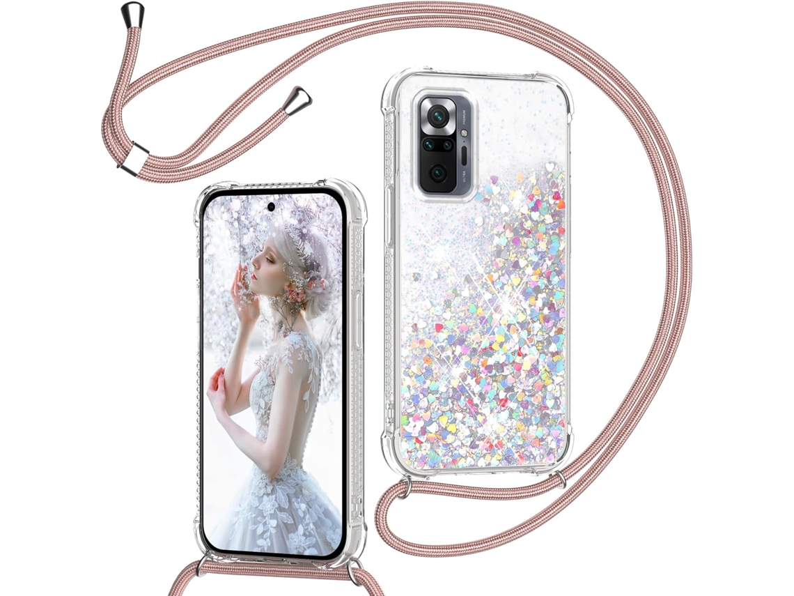 Correia Colar Nota Pescoço para Xiaomi Redmi Note 10 Pro/Note 10 Pro Max HONGWE. Silicone Textura Macia Anti-Choque Rosa
